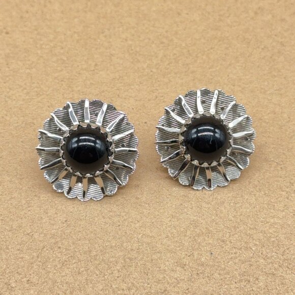 Sarah Coventry Jewelry - Vintage Sarah Coventry Earrings Flower Round 3D Silver Tone Black Bead Clip On